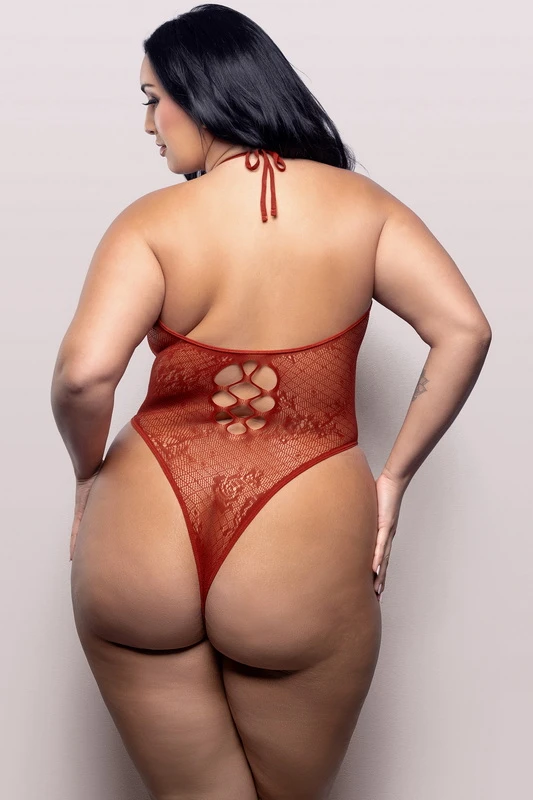 Plus Size Just Kissed Halter Tie Plunge Lace Knit Teddy image 1