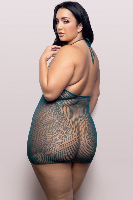 Plus Size Masterpiece Dark Teal Halter Lace Knit & Fishnet Chemise image 1