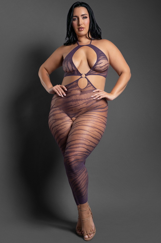 Plus Size Set Me Free Dark Purple Crotchless Halter Zebra Knit Bodystocking