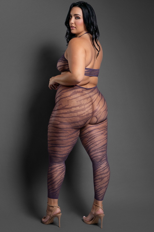 Plus Size Set Me Free Dark Purple Crotchless Halter Zebra Knit Bodystocking image 1