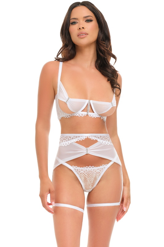 Forever Yours White Peek-A-Boo Bra & Garterbelt Set image 1