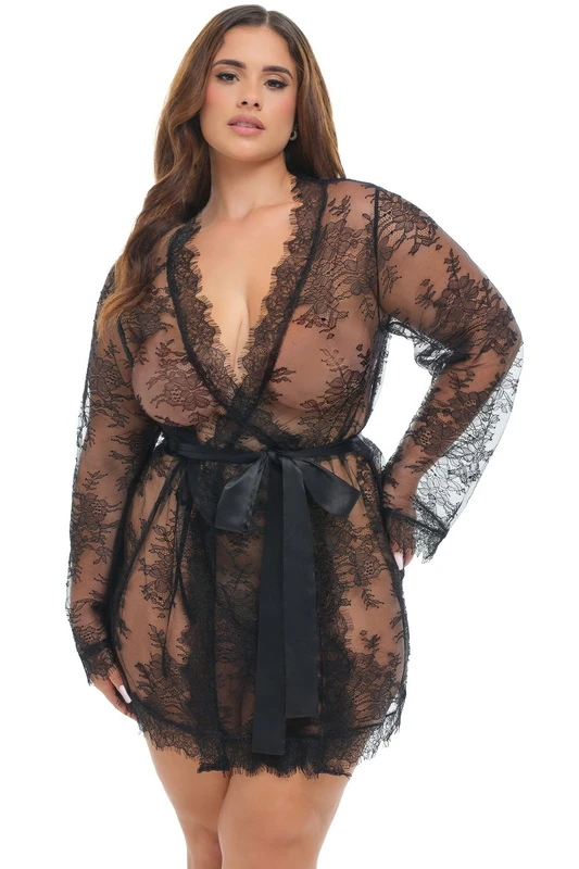 Plus Size Lovely Nights Black Eyelash Lace Robe image 1