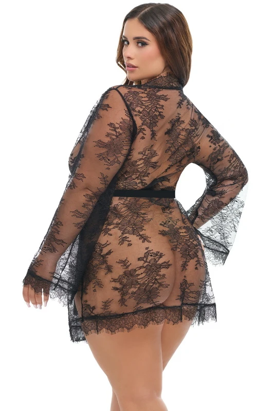 Plus Size Lovely Nights Black Eyelash Lace Robe image 3