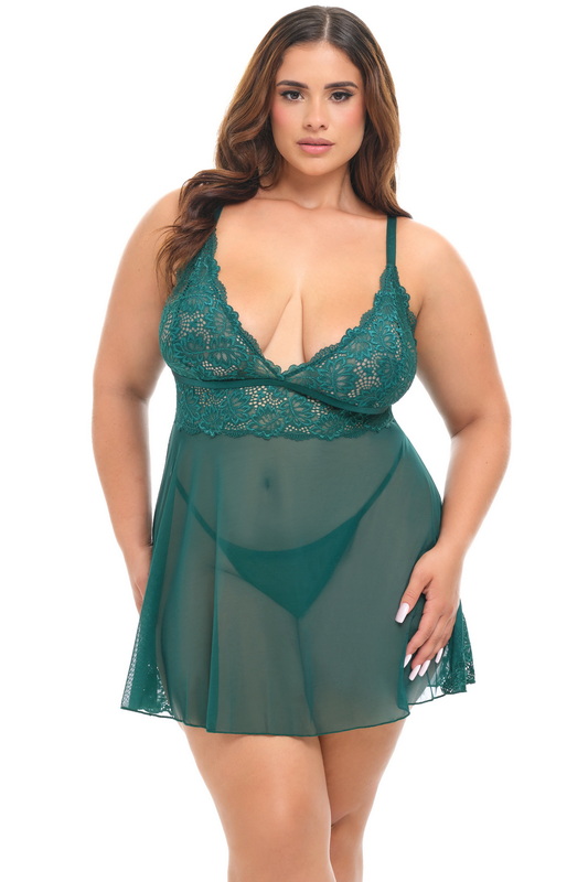 Plus Size Midnight Covets Green Lace & Mesh Babydoll image 1