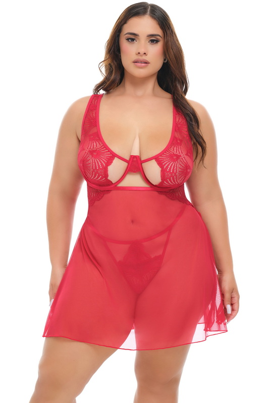 Plus Size Thinking Of You Red Lace & Mesh Babydoll image 1