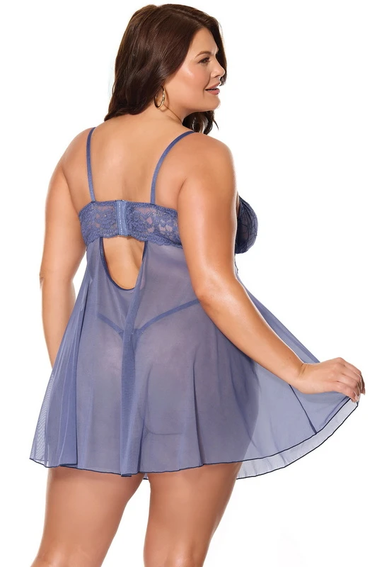 Plus Size Twilight Fever Navy Mesh Babydoll & Panty image 4
