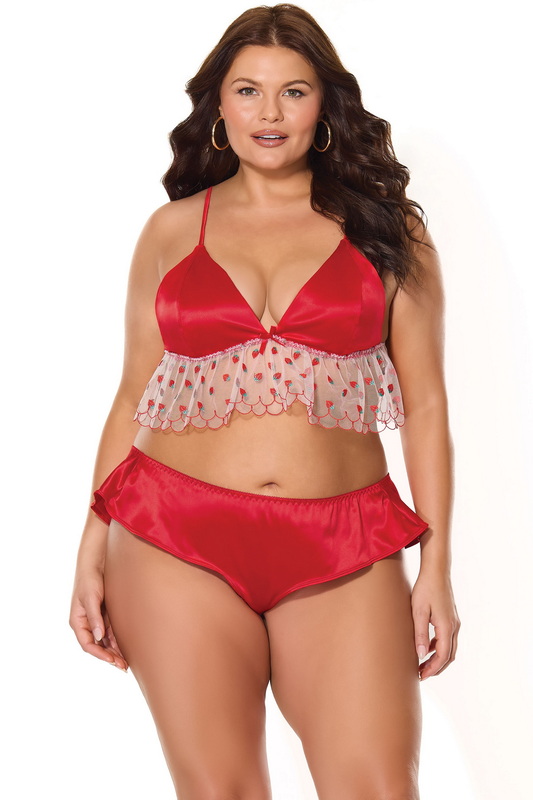 Plus Size Berry Sweet Red Satin Bralette & Panty