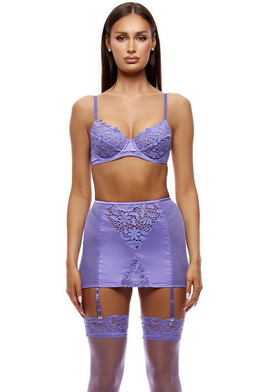 Purple Guipure Lace Bra & Skirt Set image 1