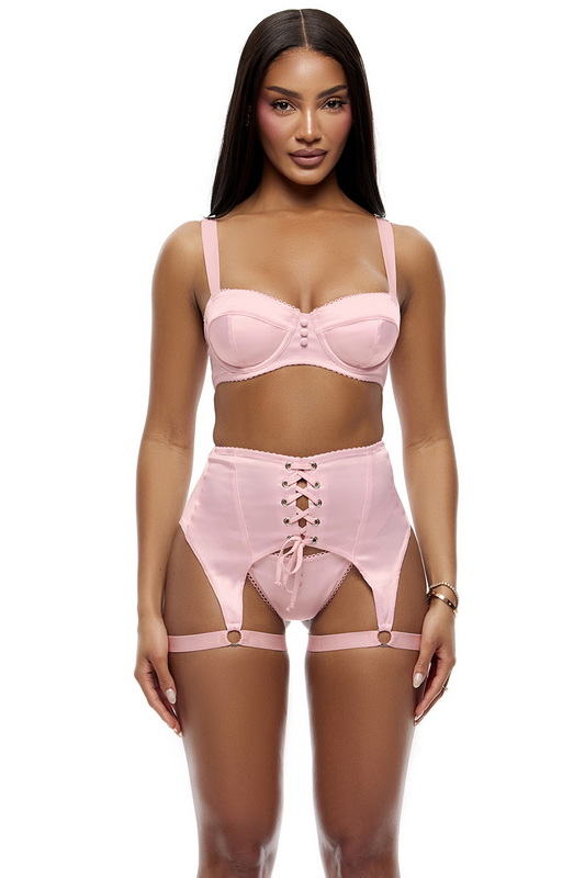 Light Pink Satin Lace Up Bra & Garter Belt Set