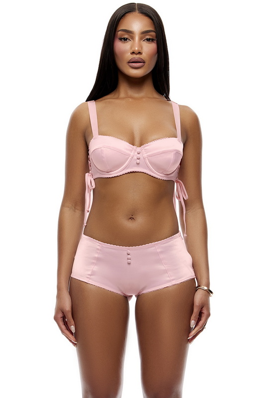 Light Pink Satin Lace Up Bra & Boyshorts