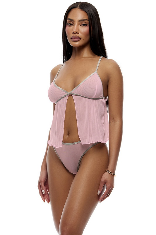 Pink Sheer Mesh Babydoll Cami & Panty image 1