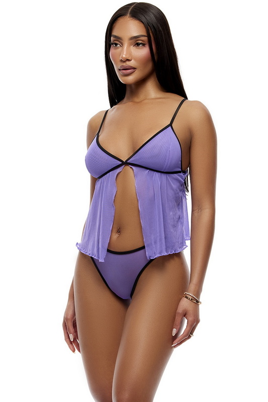 Purple Sheer Mesh Babydoll Cami & Panty image 1