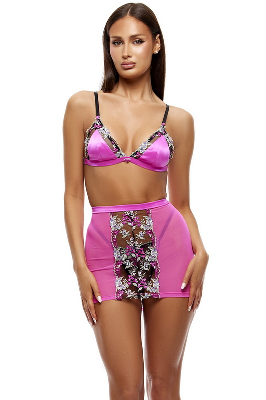 Embroidered Floral Lace Bra & Skirt Set