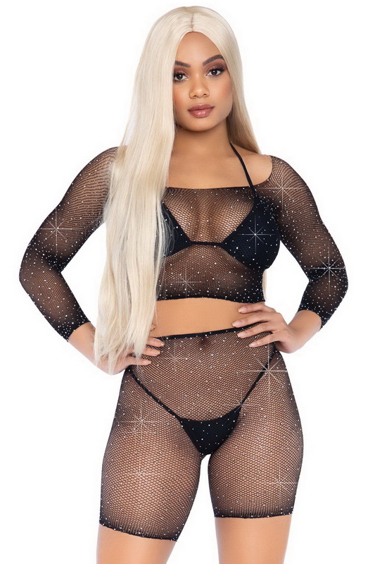 Black Rhinestone Fishnet Crop Top & Biker Shorts Set Blowout Deal