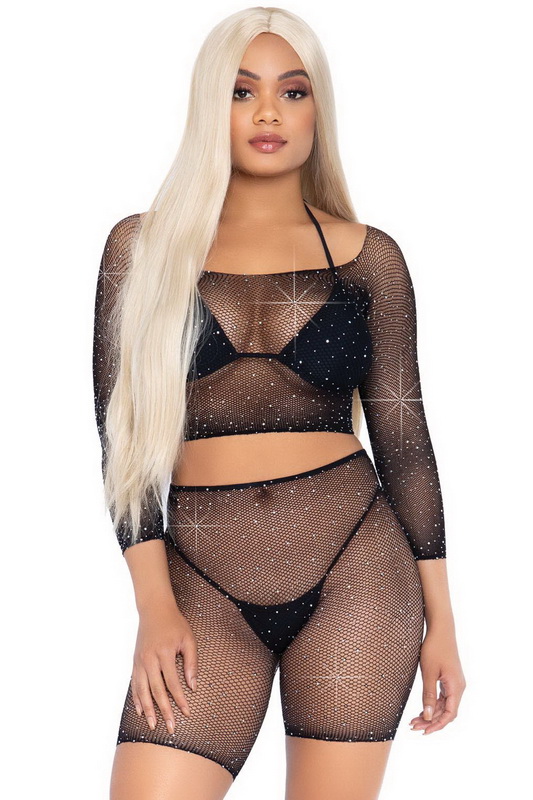 Black Rhinestone Fishnet Crop Top & Biker Shorts Set Blowout Deal image 1