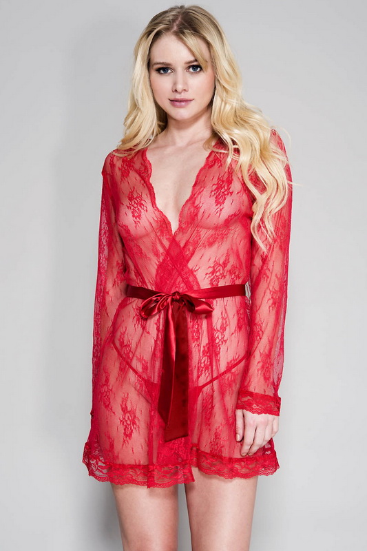 Red Lace Robe with Satin Belt Blowout Deal image 2