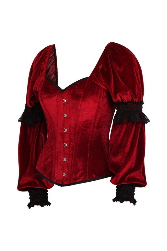 Top Drawer Dark Red Velvet Steel Boned Long Sleeve Corset Blowout Deal image 1