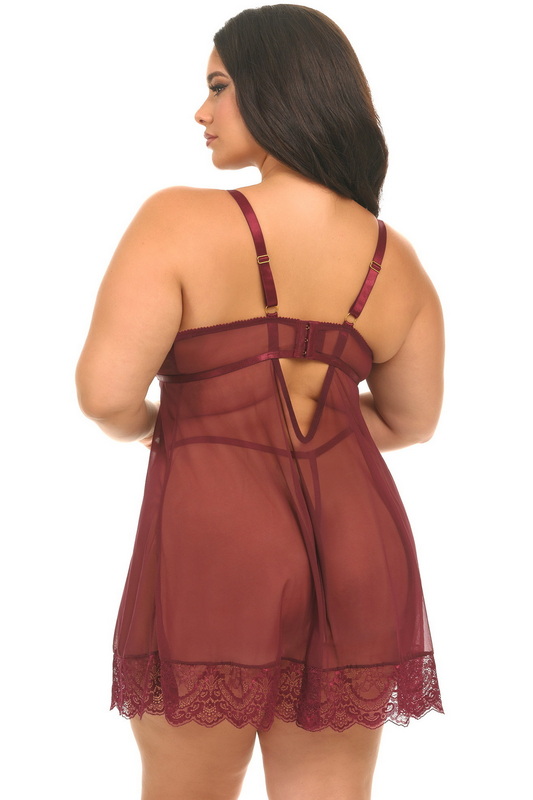 Plus Size Wondering Wine Lace Lingerie Babydoll Set Blowout Deal image 1