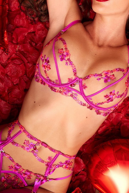 Hot Pink 3D Floral Mesh Bra & Garter Set Blowout Deal image 3