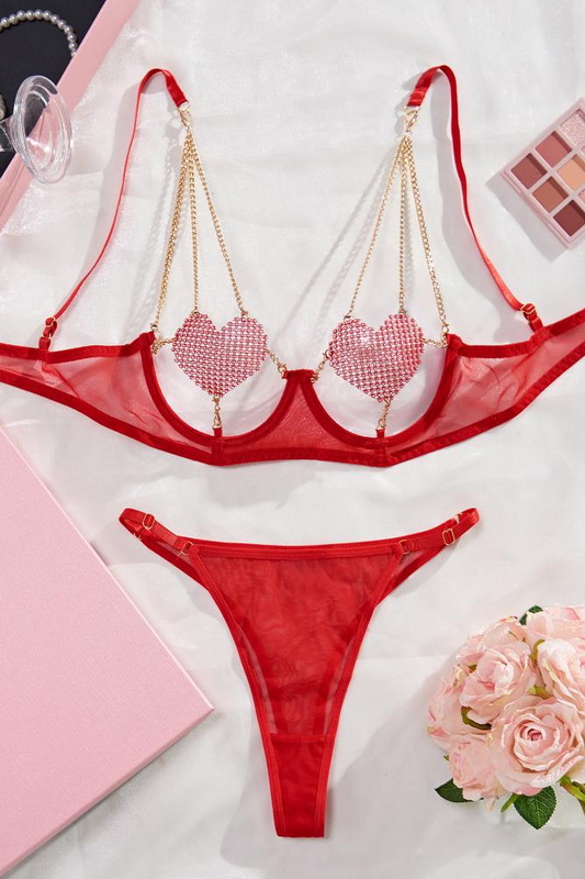 Lover's Paradise Heart Shaped Rhinestone Lingerie Bra Set Blowout Deal
