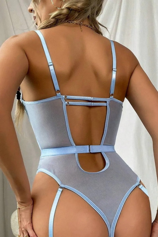 Blossoming Sky Blue Embroider & Mesh Gartered Lingerie Teddy Blowout Deal image 1