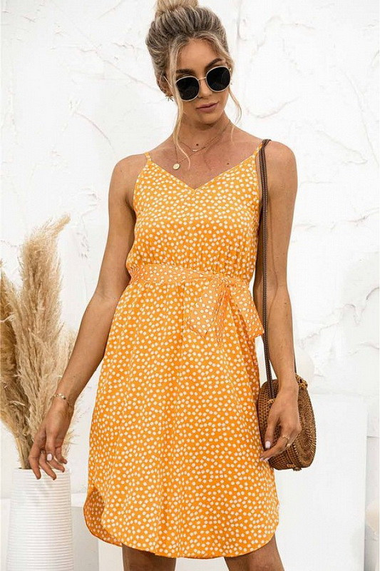 Mustard Yellow Polka Dot Print Mini Dress