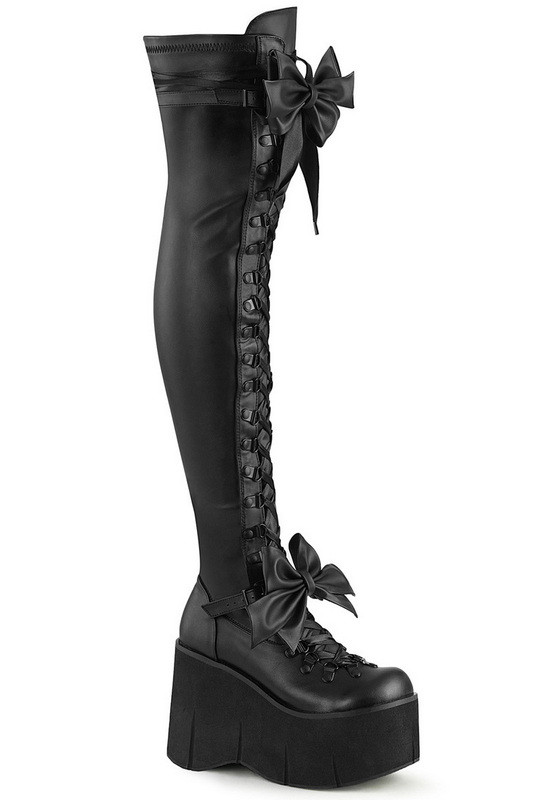 Black Vegan Leather Ribbons & Bows Lace Up Thigh High Boot