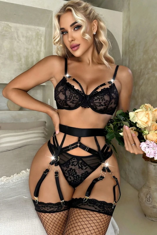 Black Lace & Straps Lingerie Bra Set Blowout Deal image 2