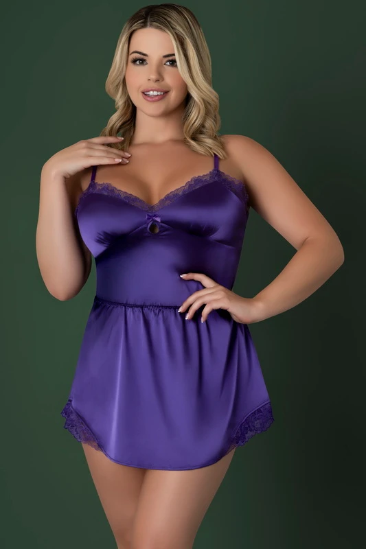 Plus Size Purple Satin Petals Lingerie Chemise & Panty Blowout Deal