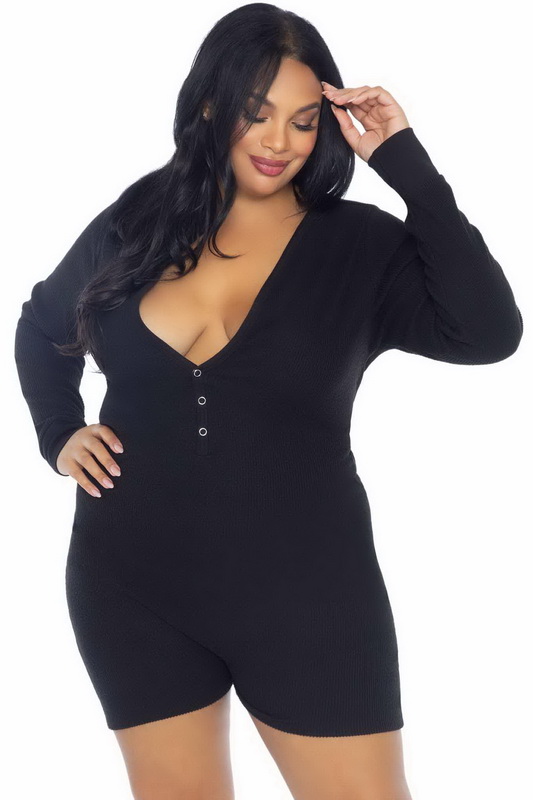 Plus Size Black Brushed Rib Romper image 1