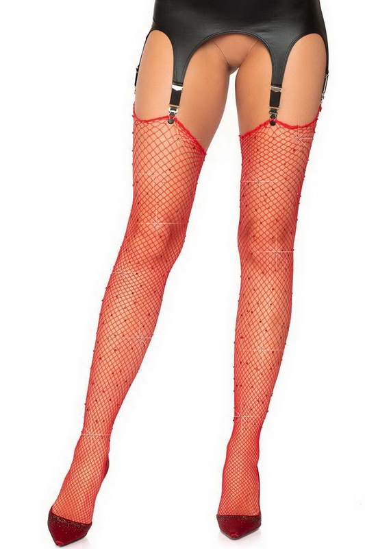 Red Rhinestone Fishnet Stockings