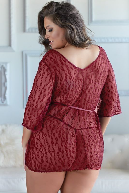 Plus Size Red Leopard Mesh Robe & G-String Set image 1