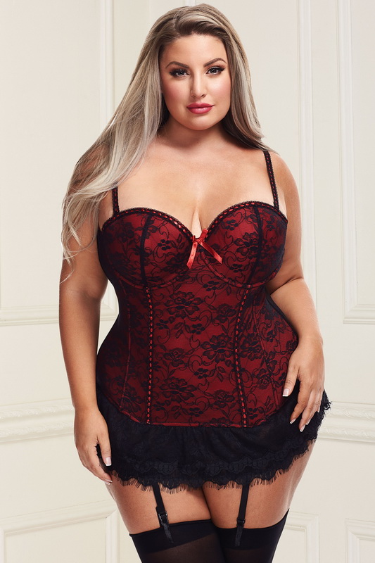 Plus Size Red Lace Overlay Bustier & G-String