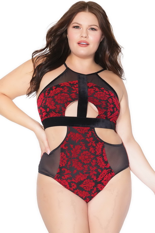 Plus Size Black & Red Cutout Halter neck Teddy