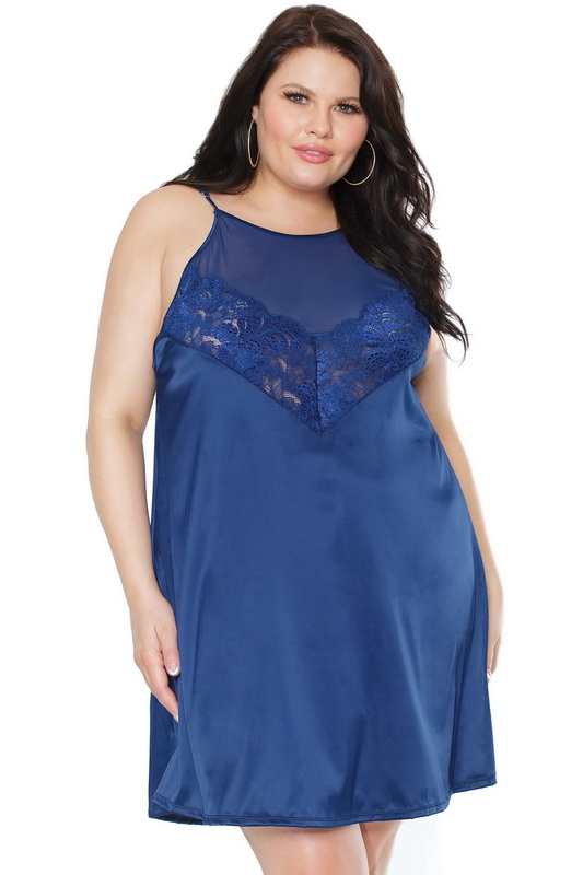 Plus Size Let Me In Navy Satin Lingerie Chemise- Spicy Lingerie
