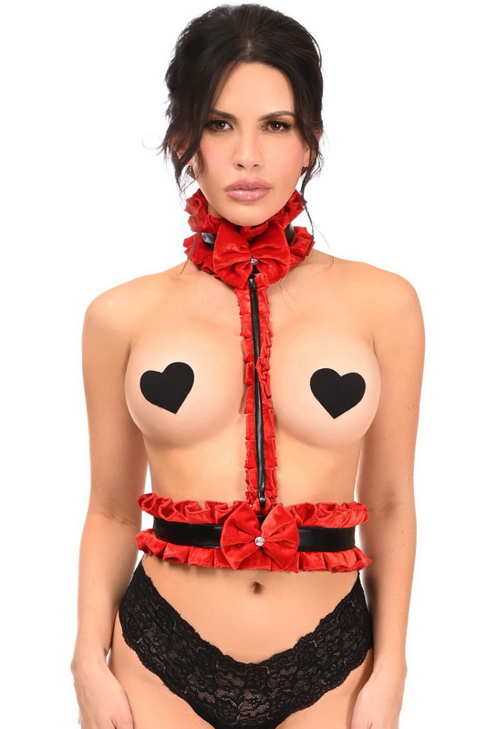 Red Velvet & Faux Leather Single Strap Body Harness
