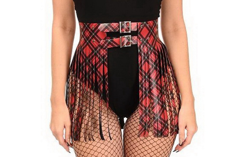 Red Plaid Faux Leather Fringe Skirt
