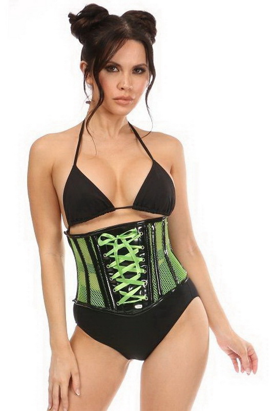 Top Drawer Neon Green Patent & Fishnet Waist Cincher