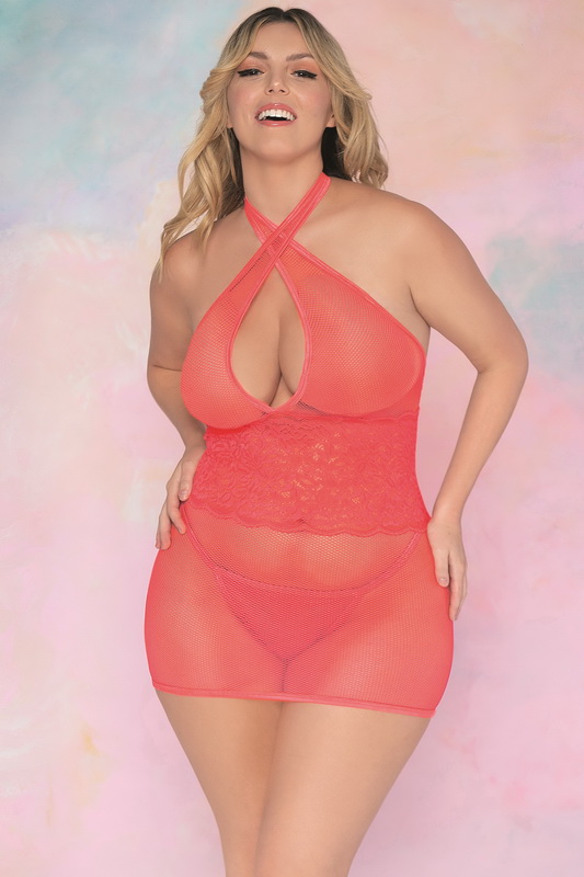 Plus Size Simply Sexy Coral Fishnet Spank Me Chemise