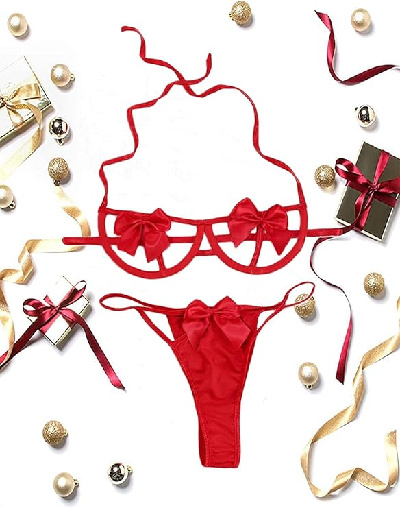 Red Satin Bow Affair Cupless Bra Lingerie Set image 5