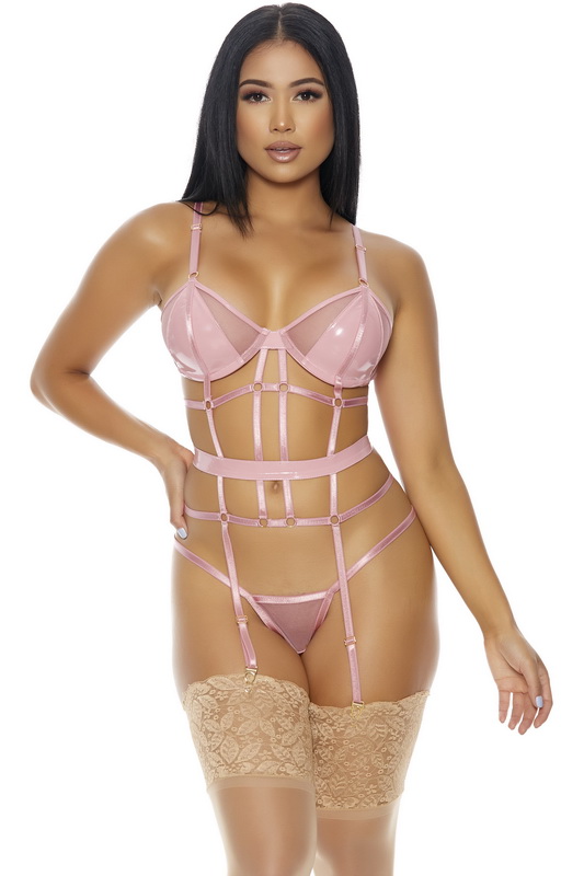 Double The Fun Pink Vinyl & Mesh Strappy Bustier