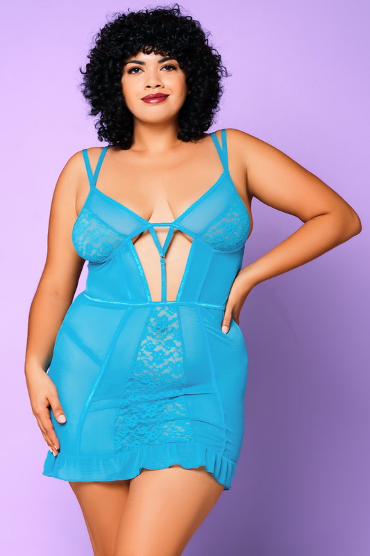 Plus Size Teal Lace & Mesh Dark In Love Lingerie Chemise