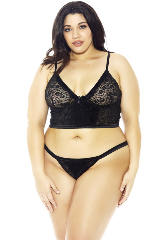 Plus Size Black Pleated Satin and Lace Bra Set