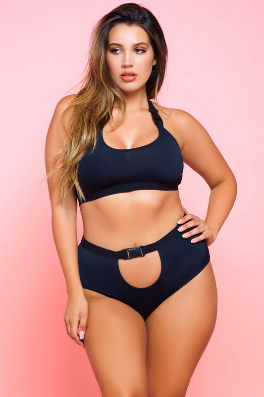 Plus Size Black Buckle Up Halter Bralette Set