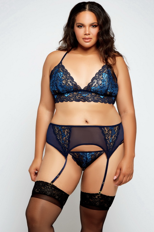 Plus Size Blue Lace & Mesh Bra, Garterbelt & Strappy G-String Set