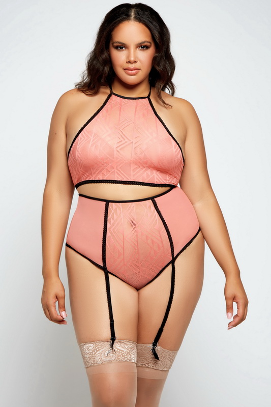 Plus Size Peach Pink Halter Neck High Waist Bra Set