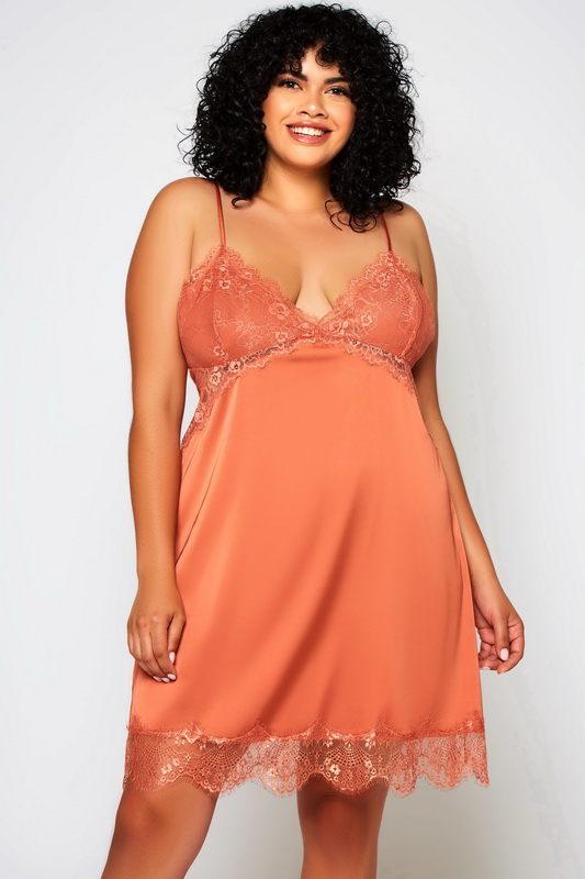 Plus Size Copper Satin & Lace Lingerie Chemise