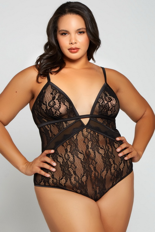 Plus Size Black Lace Camellia Teddy