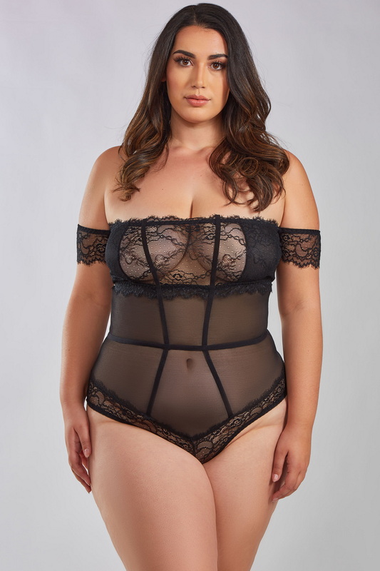 Plus Size Off Shoulder Lace & Mesh Teddy