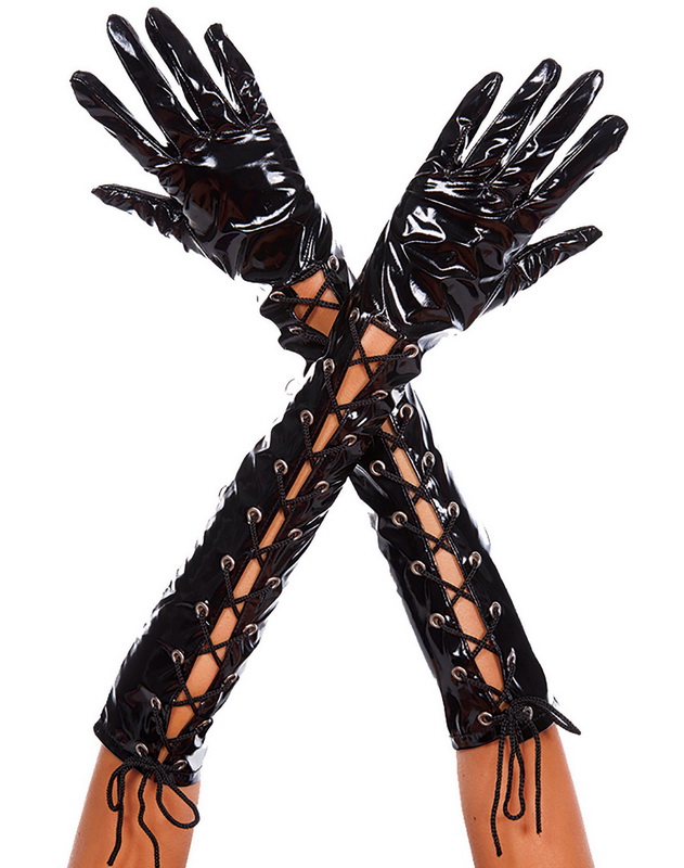 Wet Look Ribbon Lace Up Gloves